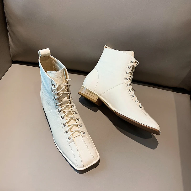 Женские ботинки из коровьей кожи ISNOM ботильоны на шнуровке с квадратным носком