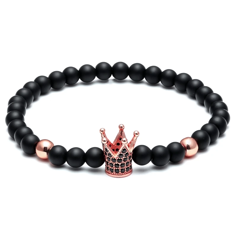 RoseGold Очаровательный браслет с короной, пара браслетов для женщин, ювелирное изделие 6 мм, натуральный камень, микро-инкрустированный циркон, золото, серебро, мужской браслет, подарок для мужчин - Metal Color: RoseGold