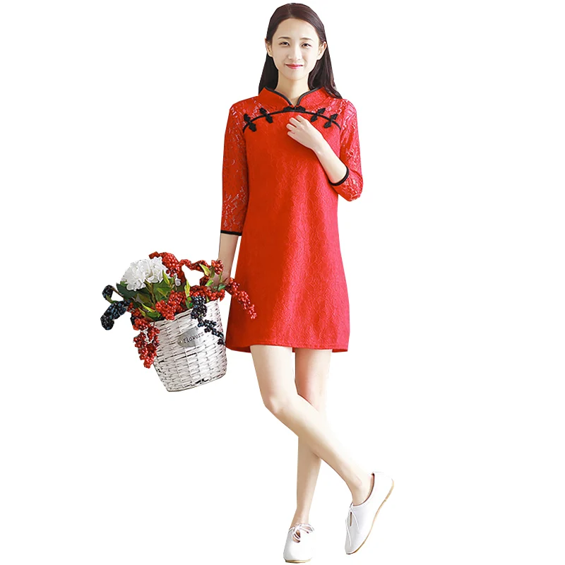 

Summer Vintage Ethnic Traditional Chinese Qipao Dress 2017 New Women Dresses Improved Cheongsam Qipao Elegant Lace Dress AB157