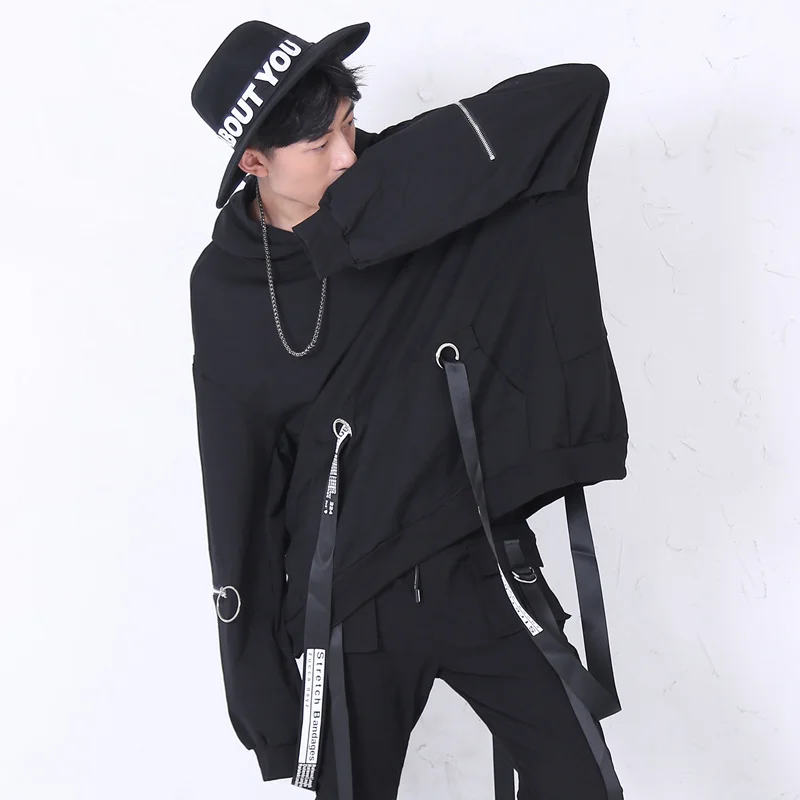 Черный пуловер с лентой толстовки для мужчин Хип Хоп кофты Swag мужской негабаритных балахон унисекс Улица Свободные молнии повседневное пары Готик