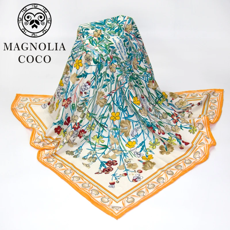 Роскошный брендовый 100% саржевый шелковый шарф MAGNOLIA разноцветный квадратный в