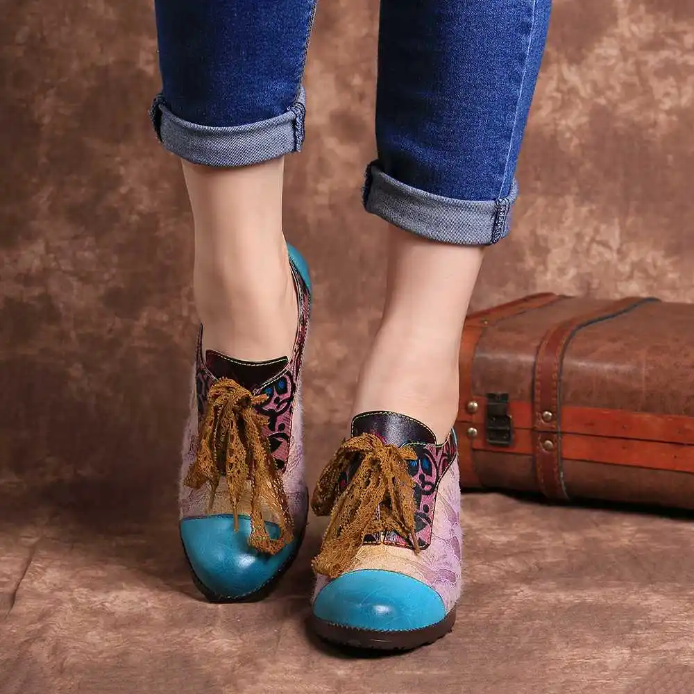 SOCOFY Elegance Genuine Sandals WomenLeather Splicing Lace Retro Pattern Comfortable Lace Up Pumps Elegant Shoes Woman