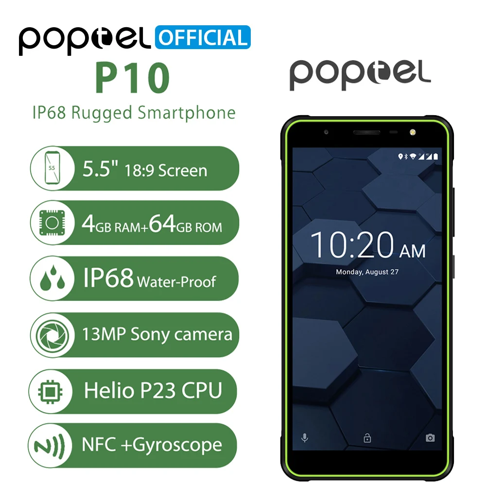 POPTEL P10 4 ГБ 64 IP68 водонепроницаемый мобильный телефон 5 дюймов MT6763 четыре ядра 13 МП