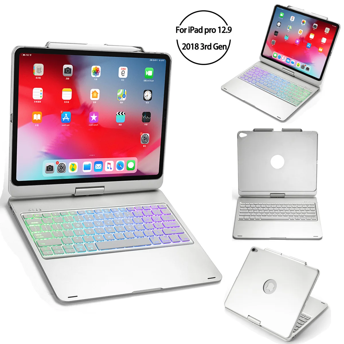 Чехол для iPad Pro 12,9 дюйма, 7 цветов, с подсветкой, Bluetooth, клавиатура, вращение на 360 градусов, откидная подставка, чехол для смартфона, ноутбука, планшета