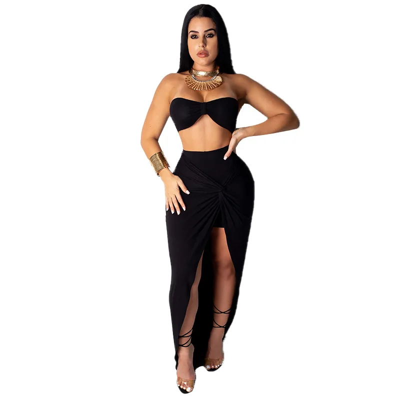 INMOTENG Women Beach Two Piece Set Midi Skirt Strapless Crop Top High Side Split Tie Up Maxi Skirts Suit Plus Size XXL Tracksuit |