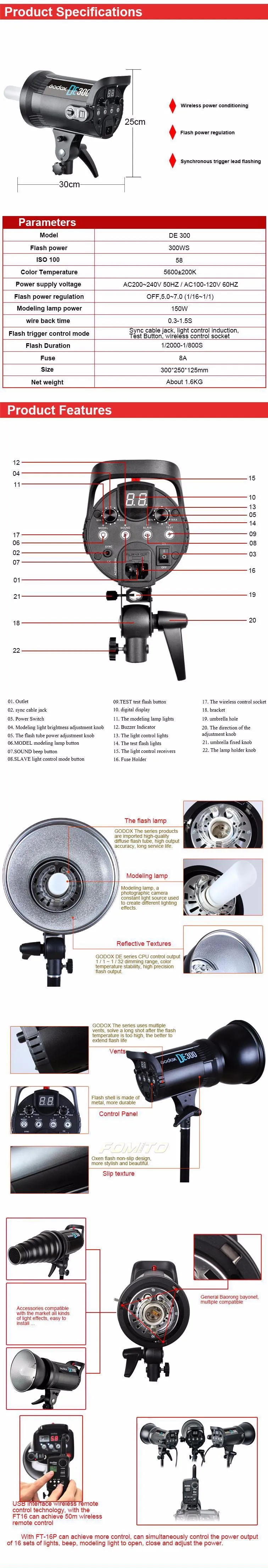 Godox DE300 300W Компактный студийный светильник-вспышка, стробоскоп, светильник ing Lamp Head 300Ws