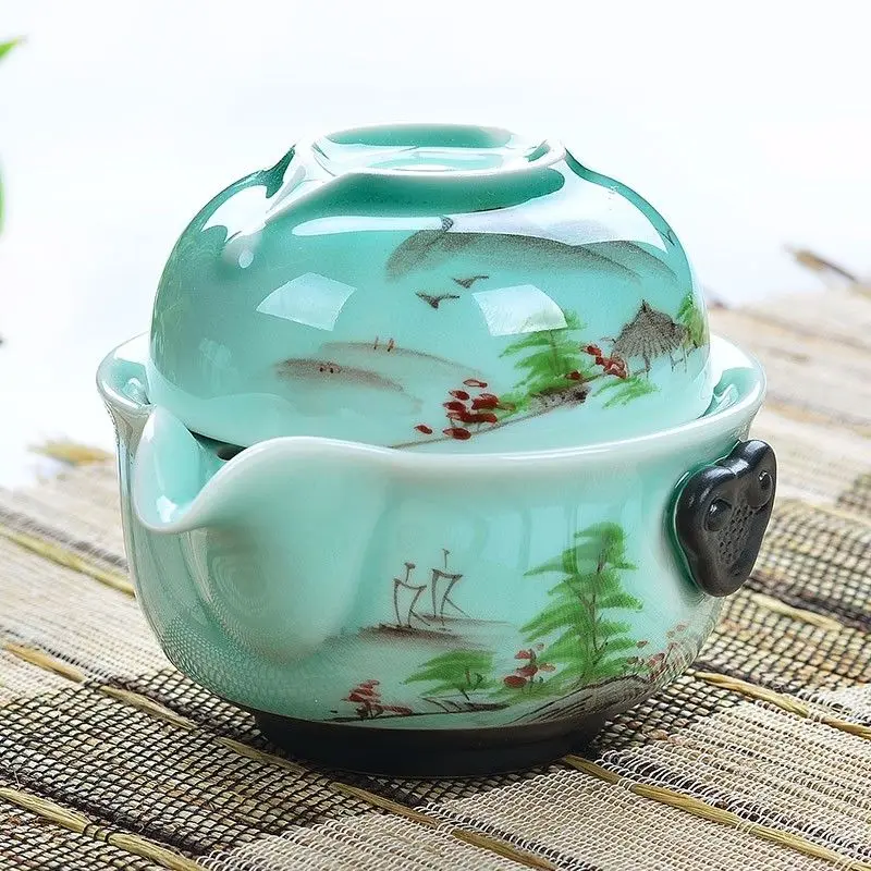 

Kung Fu Tea Set 1 Pot 1 Cup Longquan Celadon Gaiwan Handpainted Kung Fu Tea Set Gaiwan Jasmine Green Tea Bi Luo Chun