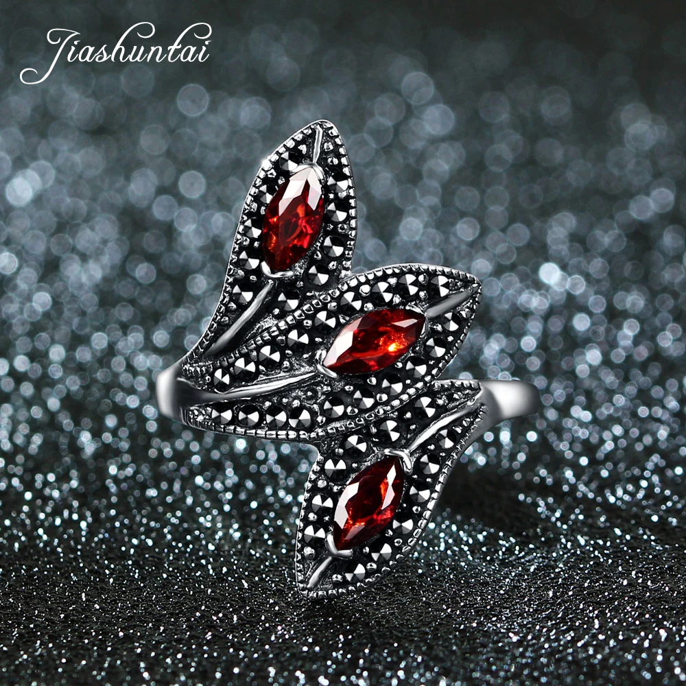 

JIASHUNTAI 100% 925 Sterling Silver Rings For Women Retro Natural Precious Stones Vintage Thai Silver Rings Jewelry Leaves