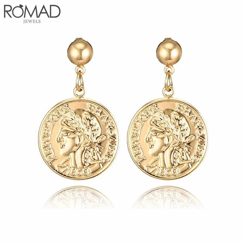 Женские серьги подвески с гравировкой в виде монет GS длинные золотым