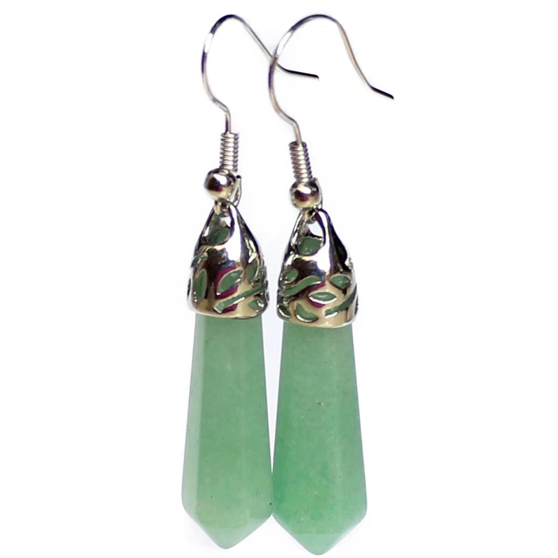 green aventurine Винтажный серебряный цвет натуральный драгоценный камень висячие серьги женские пули аметисты опал кварц Агаты бирюзовый камень серьги - Окраска металла: green aventurine