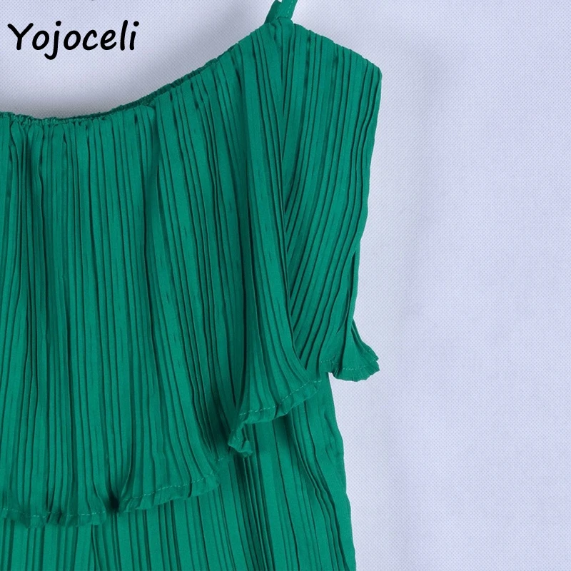Yojoceli 2019 summer green pleated jumpsuit romper women streetwear wide leg strap female | Женская одежда