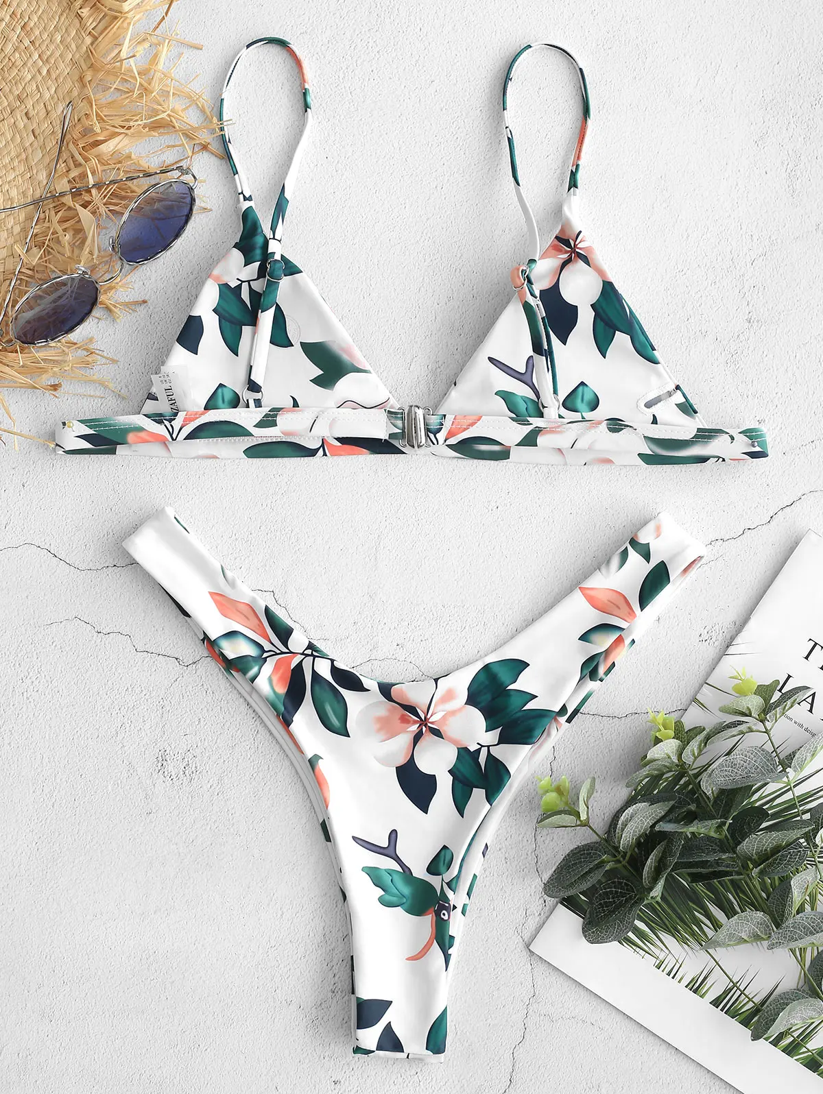 ZAFUL Leaf Print Набор для бикини с глубоким вырезом и Тонкий-бретельками Свободный мягкий купальник Пуловер Повседневный пляжный купальник Бикини