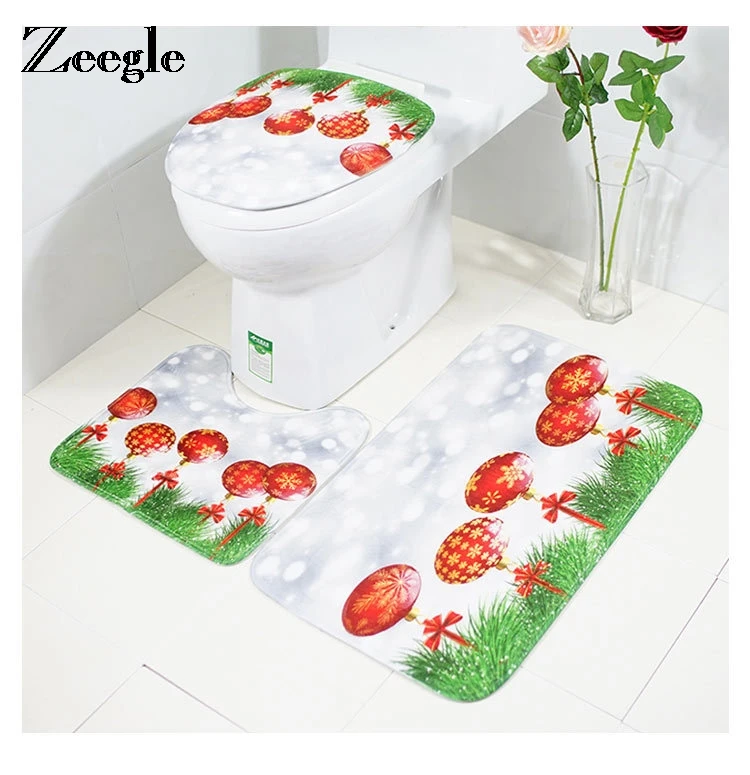 

Zeegle 3pcs/set Bathroom Mat Christmas Printed Mats Bathroom Absorbent Bathroom Carpet Cover Toilet Rugs Non-slip Bathroom Rug