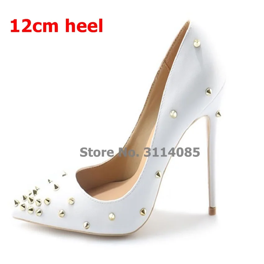 white 12cm heel Изящные женские туфли-лодочки с острым носком и заклепками; пикантные туфли-лодочки; цвет белый, черный; Туфли-гладиаторы с золотыми заклепками; туфли-лодочки на шпильке 10 см 12 см - Цвет: white 12cm heel