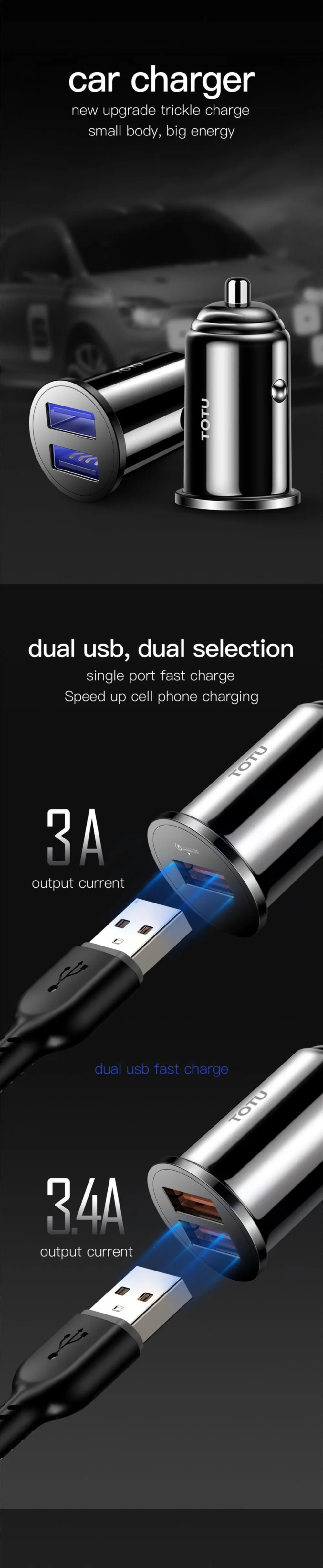 TOTU Dual USB Автомобильное зарядное устройство для iPhone 7 8 6 samsung S10 QC 3,0 Быстрая зарядка интеллектуальное мощное мобильное автомобильное зарядное устройство для телефона адаптер