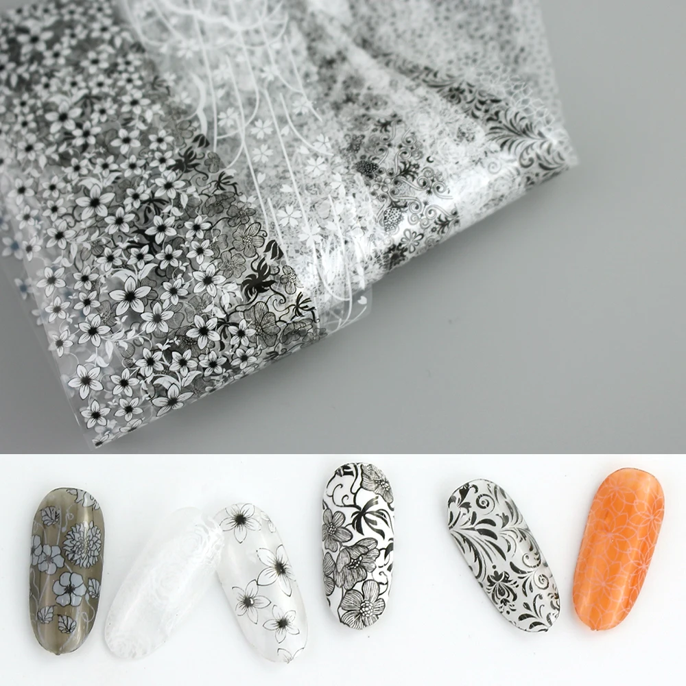 10 шт. черно белая Голографическая фольга для дизайна ногтей Переводные