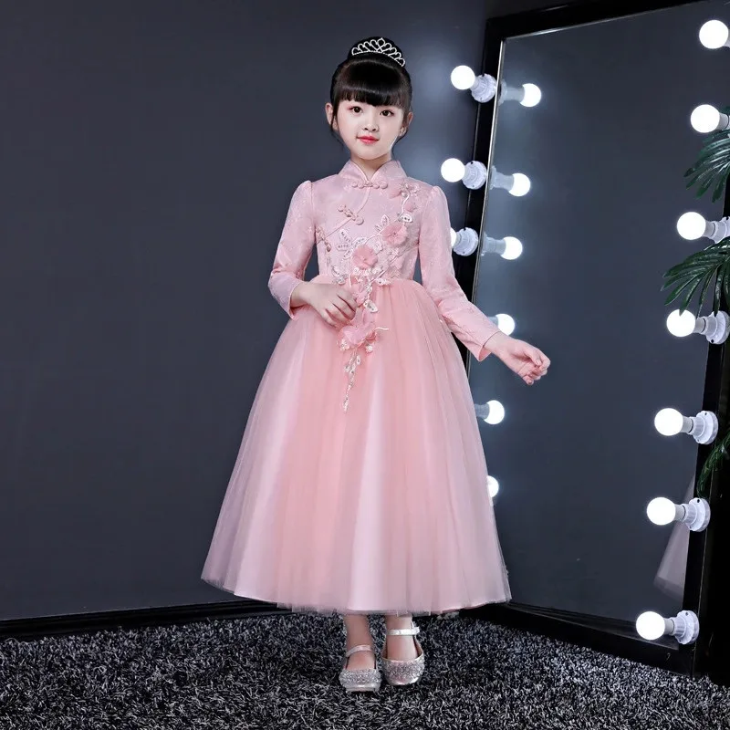 long pink С цветочным рисунком для маленьких девочек Cheongsam Qipao платье для детей с новогодней елкой, бумажный новогодние костюмы Ткань Детские платья Свадебный костюм, одежда - Цвет: long pink