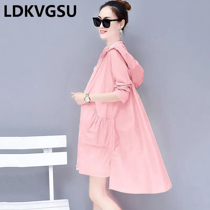 Женская Длинная ветровка с капюшоном тонкая свободная Асимметричная от солнца