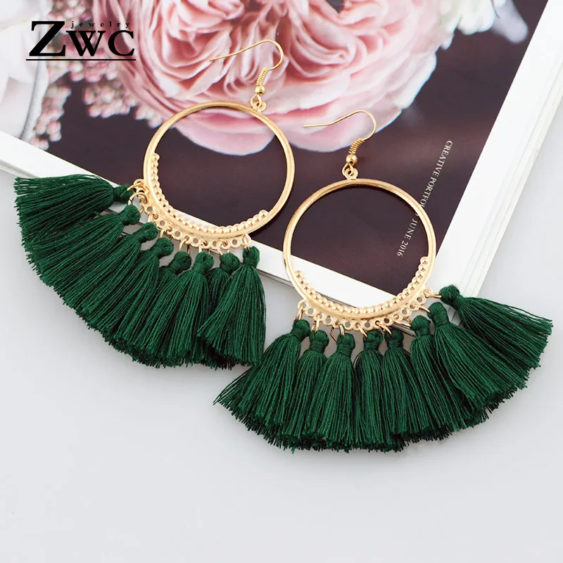 Green 1 ZWC богемные массивные круглые большие серьги с кисточками для женщин, национальные красные черные винтажные длинные серьги ручной работы с бахромой, ювелирные изделия - Metal Color: Green 1
