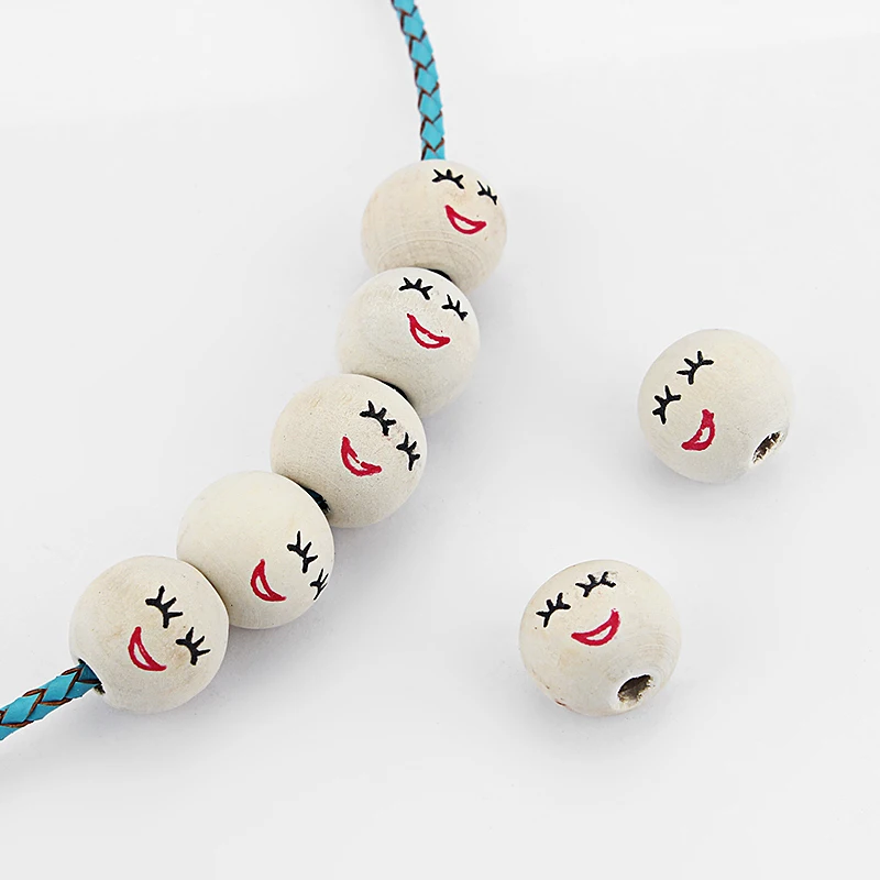 20 шт. круглые деревянные бусины с рисунком смайлика и бровей россыпью 18 мм