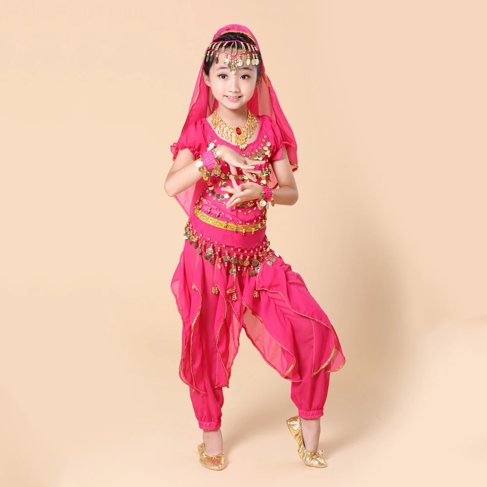 Детские индийские костюмы для танца живота комплект из 5 предметов (топ + брюки