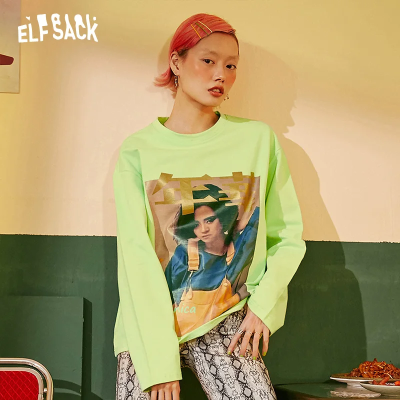 ELF SACK модные неоновые зеленые винтажные женские толстовки с принтом 2019 Осенние