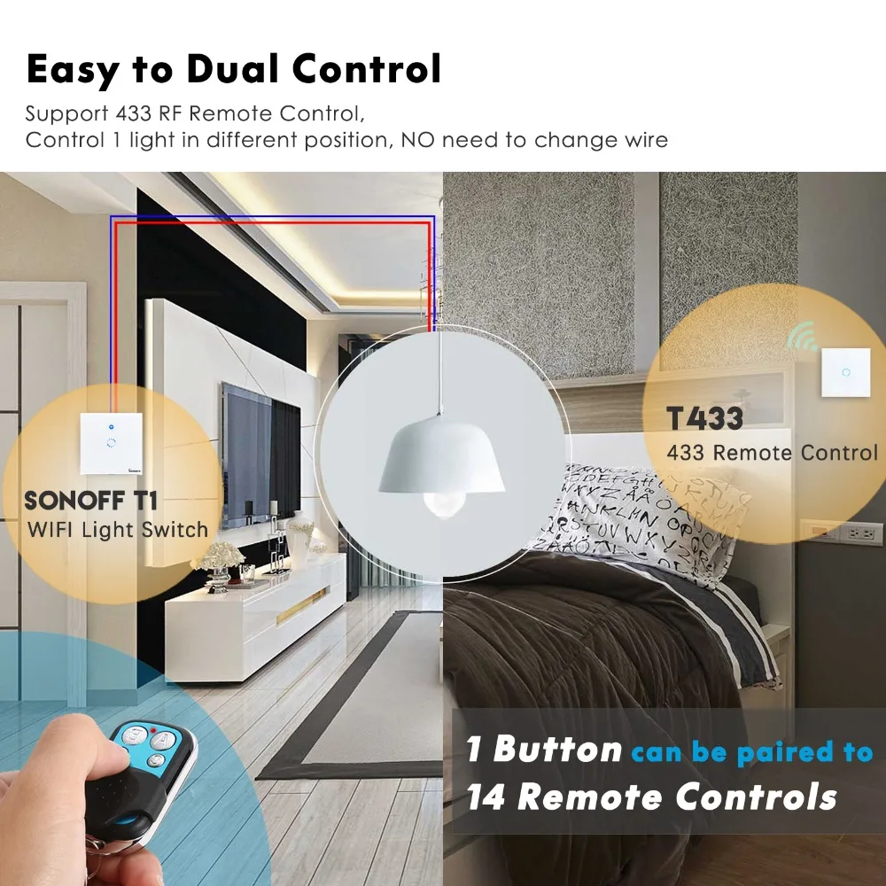 Sonoff T2 ЕС Wifi сенсорный выключатель, T433 RF/Ewelink приложение дистанционного управления, работа с Alexa Google Home умный дом