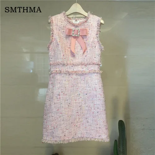 Photo Color Женское платье из твида SMTHMA, розовое шерстяное платье с бантом и кисточками, лето - Цвет: Photo Color