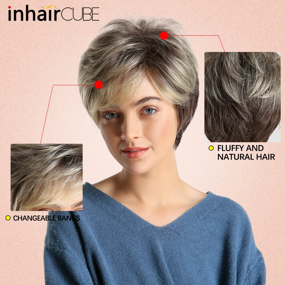 Inhaircube синтетические наклонные челки для женщин пушистый натуральный парик светильник коричневый короткие прямые волосы Боб Glueless вечерние парик