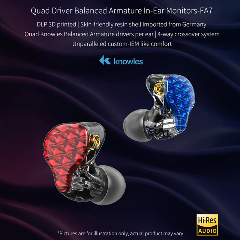 FiiO FA7 Hi-Res Knowles Quad Driver сбалансированная арматура HiFi наушники-вкладыши с MMCX съемный кабель DLP 3D Печатный