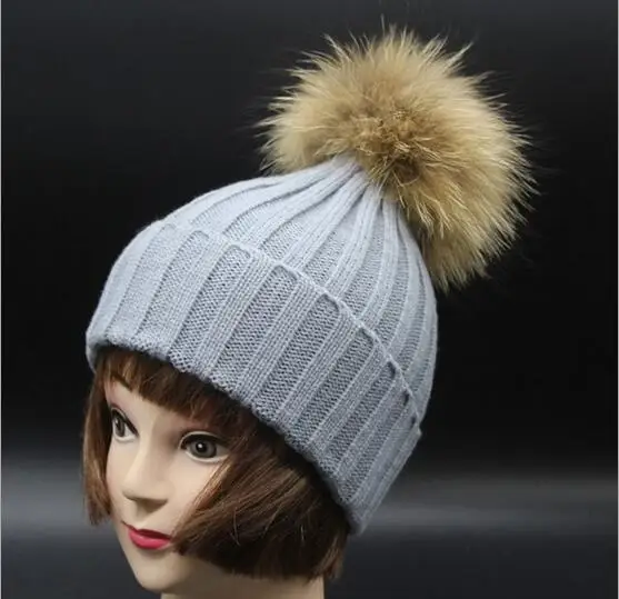 Зимние шапки с помпоном из натурального меха енота Шерстяная Вязаная Зимняя