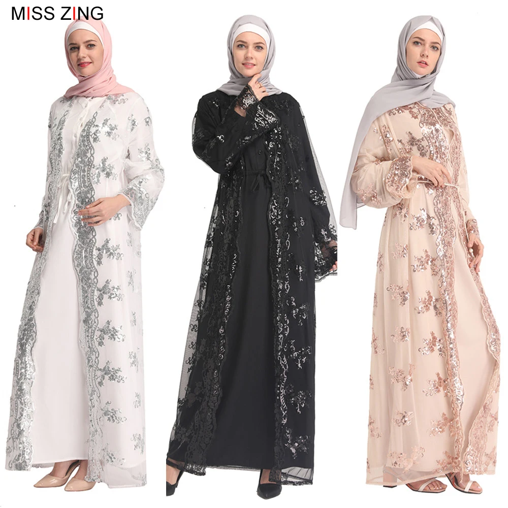 Кружевное платье Zing, Абая, с вышивкой, сетчатый кардиган, туника, кимоно, длинный халат, Юба, Ближний Восток, Рамадан, Арабская мусульманская ...
