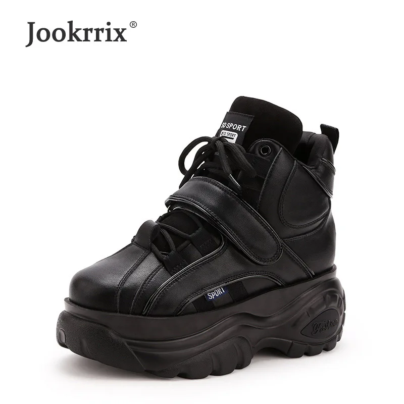 Jookrrix/Предпродажная обувь белого цвета; женские брендовые кроссовки на платформе; женская обувь, увеличивающая рост; chaussure; обувь на липучке; женская обувь серебристого цвета высокого качества - Цвет: Черный