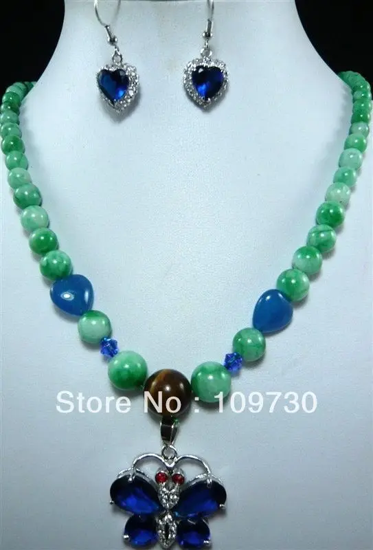 Jewelry 00513 10 color-fancy green/blue/pink jade pearl necklace butterfly pendant earring set can choose | Украшения и
