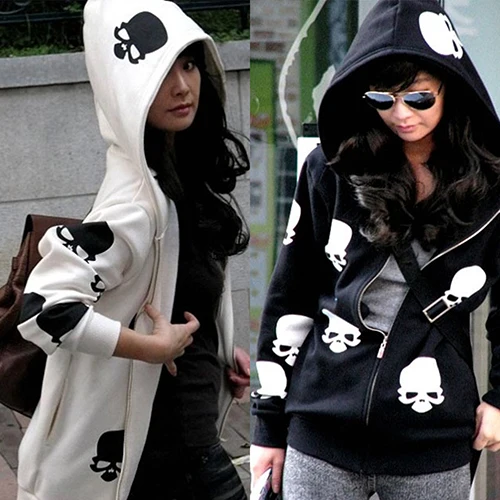 Women's Skull Zipper Sweater Hooded Cardigan Casual Hoodies Jacket Coat Tops | Женская одежда