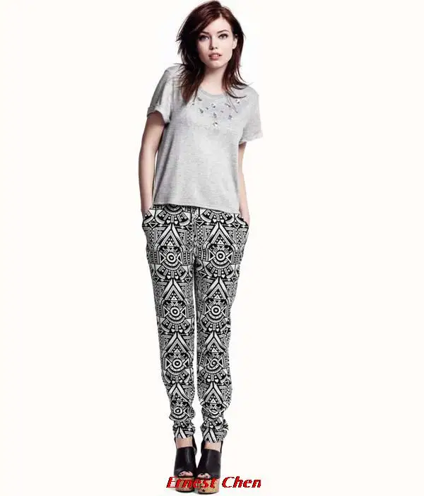 Free shipping tribal totem pattern chiffon loose lightweight trousers tapered leg elastic waist drawstring style summer pants | Женская