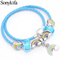 sonykifa summer style crystal beads charm bracelet with rainbow pendant diy european leather fine bracelet women dropshipping