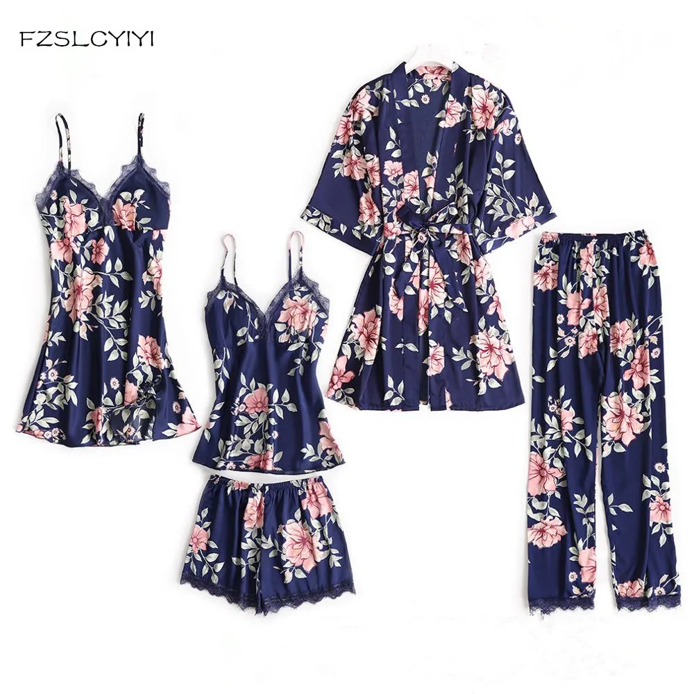 

FZSLCYIYI 5 pieces female sexy bathrobe + tops + short pants + nightdress + Long pants pajamas sets print flower fresh nightwear