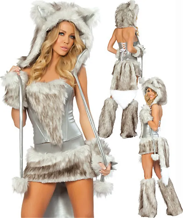 Sexy Ladies Leopard Furry Wolf Costume Dress With Cap Gloves And Podothecas Halloween Animal Cosplay Outfit |