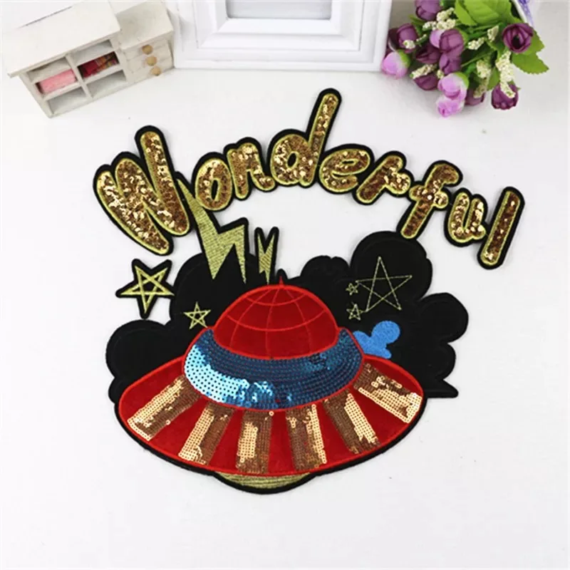 

2pcs Sew on Wonderful Stars UFO Embroidery Sequined Patches for DIY Garment Accessories Flying Saucer Appliques