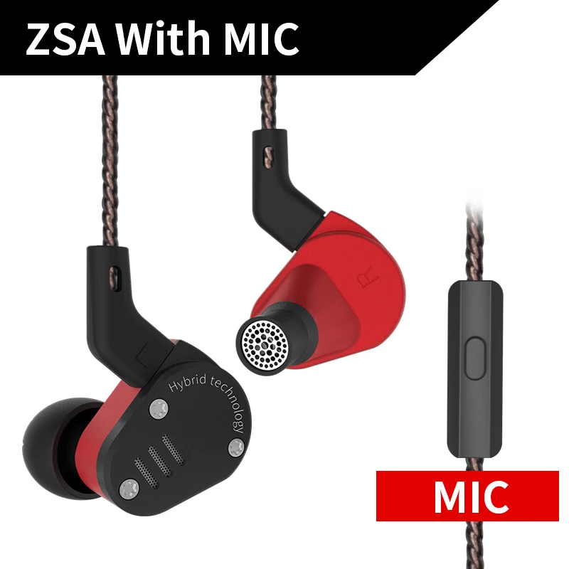black with mic KZ ZSA арматурные и динамические гибридные наушники-вкладыши HIFI DJ Monito, спортивные наушники для бега, наушники-вкладыши, гарнитура, два цвета AS10 - Цвет: black with mic