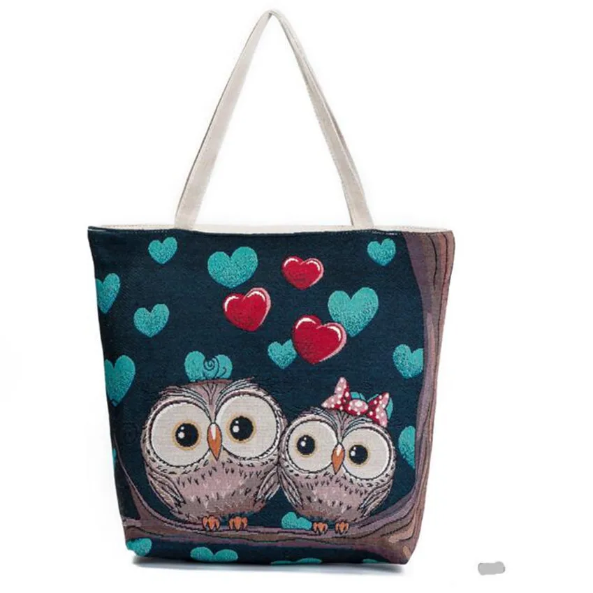 

M495 Cartoon Owl Printed Shoulder Bag Women Large Capacity Female Shopping Bag Canvas Handbag Summer Beach Bag Ladies