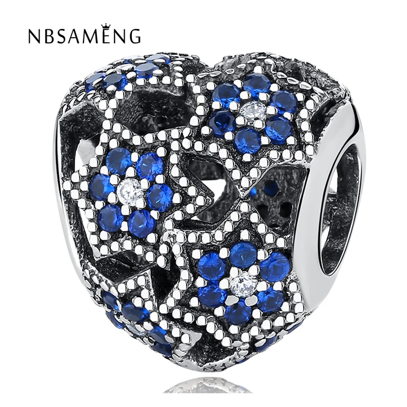 

Authentic S925 Sterling Silver Blue Crystal Star Hollow Blooms Love Heart Charm Bead Fit Original Bracelets DIY Charms