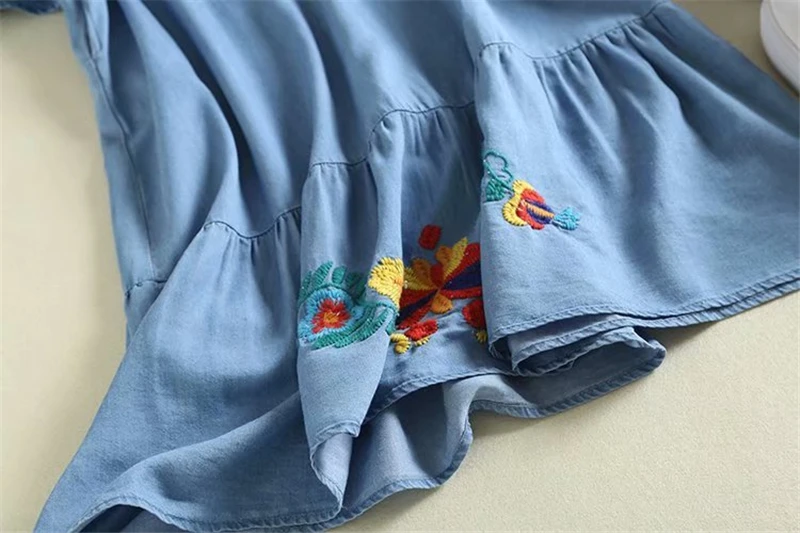 Vintage chic women floral embroidery beach Bohemian midi dress Ladies short sleeve v-neck denim Boho vestidos