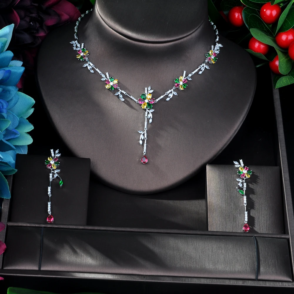 HIBRIDE Новое поступление кубический цирконий цветок лист ожерелье кулон и серьги 2