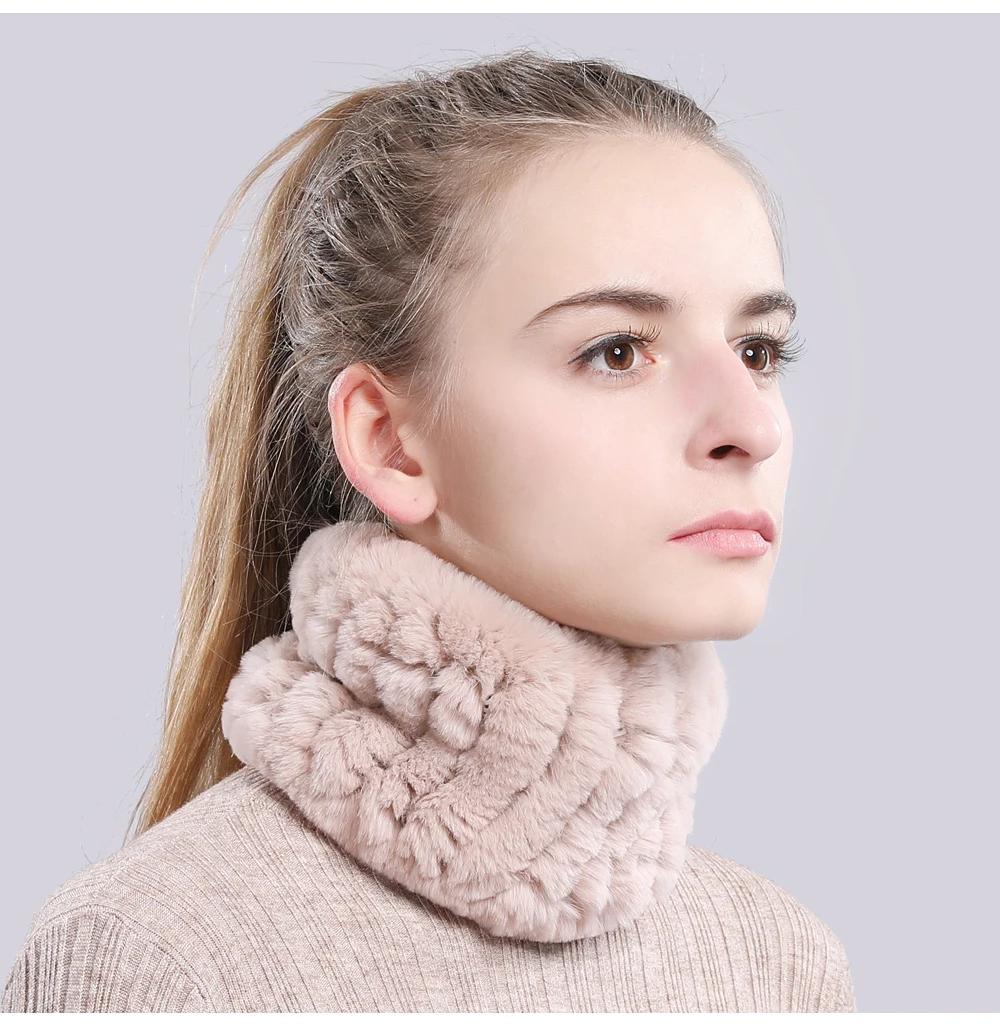 Women Real Fur Handmade Stretch Fur Scarf Knit Genuine Rex Rabbit Fur Headbands Girls Natural Fur Ring Cowl Snood Scarves Winter