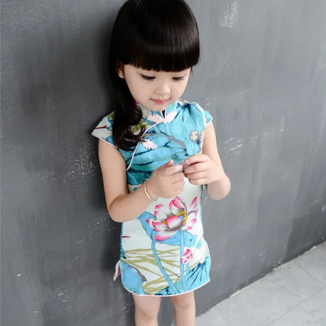 2-8T Cotton Girl Dress Trendy Kids Baby Girls Green short Sleeve Chinese Cheongsam Spring Autumn Clothes Hot 2015 | Детская одежда и