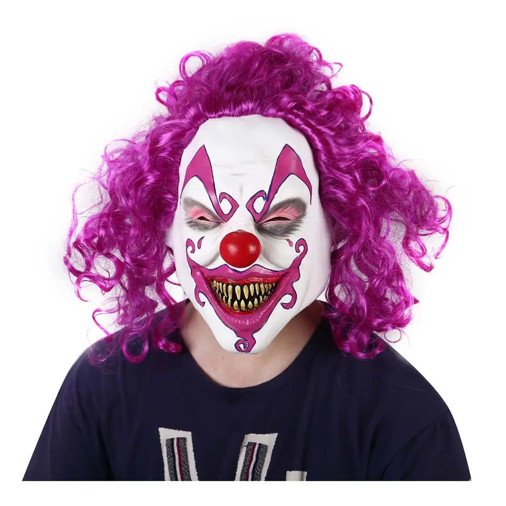 Purple hair clown Страшная злая маска клоуна, двусторонняя латексная резиновая маска, костюм для Хэллоуина, маска клоуна с волосами для маски для взрослых - Цвет: Purple hair clown
