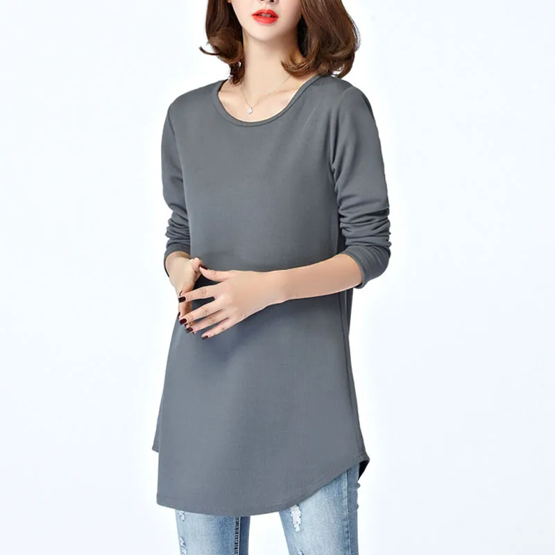 Плюс размер хлопок Женская Толстая Повседневная футболка толстая Осенняя