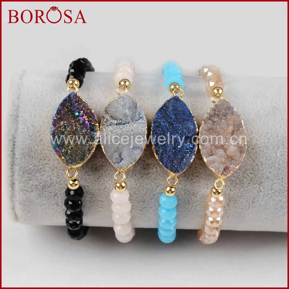 

BOROSA Fashion Gold Color Marquise Galaxy Quartz Titanium Druzy Rainbow Chalcedony With Rainbow Faceted Beads Bracelet G1280